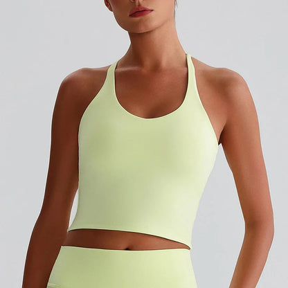 Women's Nude Yoga Wear Sexy Crossover Back Top Detachable Chest Pads Breathable Quick-drying Athletic Fitness Running Clothes