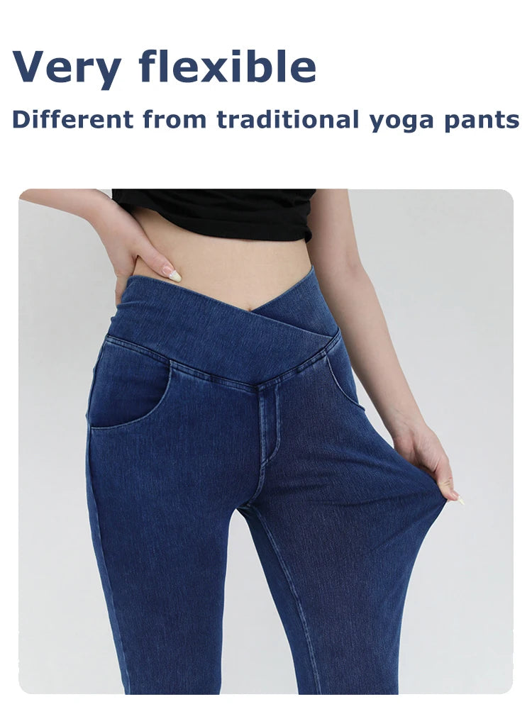 Yoga Jeans for Women Denim Pants Sexy Flared Trousers Lady Pants Hip Lifting and Cross Waist Design Indoor Sports Outdoor Flared