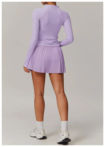 Yoga Sets Workout Sets for Women 2 Pieces Gym Suits Long Sleeved Outfits Zipper Fitness Jacket Running Short Skirt Sportswear