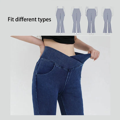 Yoga Jeans for Women Denim Pants Sexy Flared Trousers Lady Pants Hip Lifting and Cross Waist Design Indoor Sports Outdoor Flared