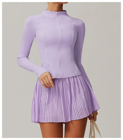 Yoga Sets Workout Sets for Women 2 Pieces Gym Suits Long Sleeved Outfits Zipper Fitness Jacket Running Short Skirt Sportswear