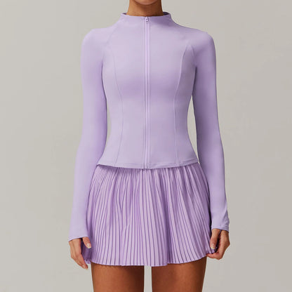 Yoga Sets Workout Sets for Women 2 Pieces Gym Suits Long Sleeved Outfits Zipper Fitness Jacket Running Short Skirt Sportswear