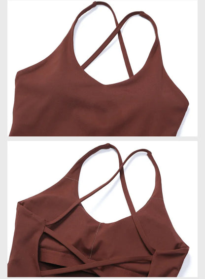 Women's Nude Yoga Wear Sexy Crossover Back Top Detachable Chest Pads Breathable Quick-drying Athletic Fitness Running Clothes