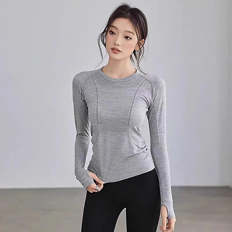 Yoga Clothes for Women, Sports Tops, Round Neck,, Seamless, Slim, Running Shirt Fitness Workout Long Sleeves Gym T shirt, Winter