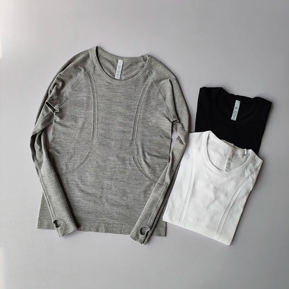 Yoga Clothes for Women, Sports Tops, Round Neck,, Seamless, Slim, Running Shirt Fitness Workout Long Sleeves Gym T shirt, Winter